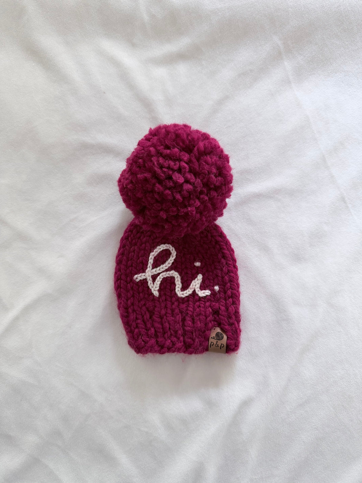Ready-to-Ship Newborn Embroidered HI Knit Hat | Cranberry + Cream