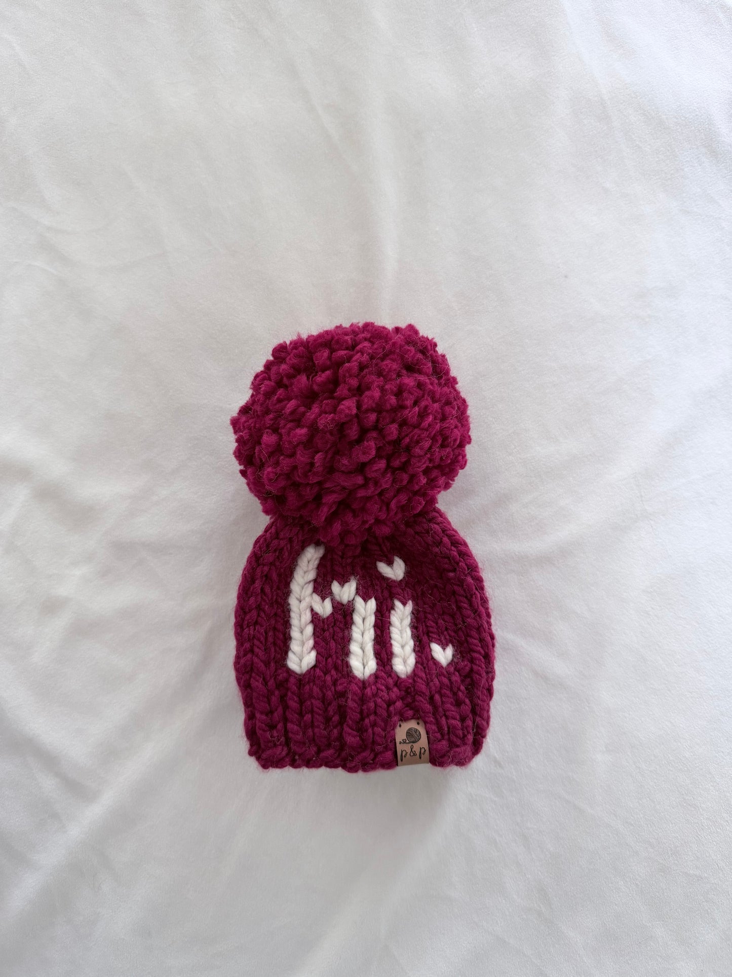 Ready-to-Ship Newborn “Hi” Knit Hat | Cranberry + Cream