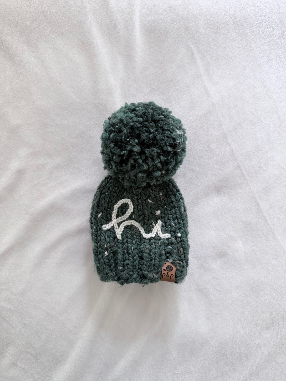 Ready-to-Ship Newborn Embroidered HI Knit Hat | Kale + Cream