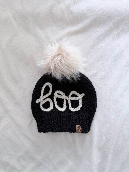 Ready-to-Ship Child BOO Knit Hat | Black + Cream