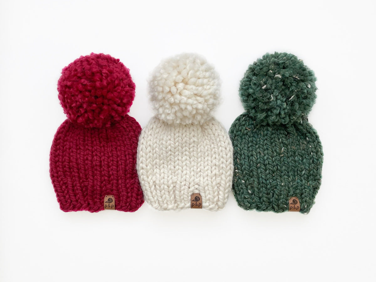 Hand Knit Pom Pom Beanie – Classic Christmas Red | Pine & Poppy