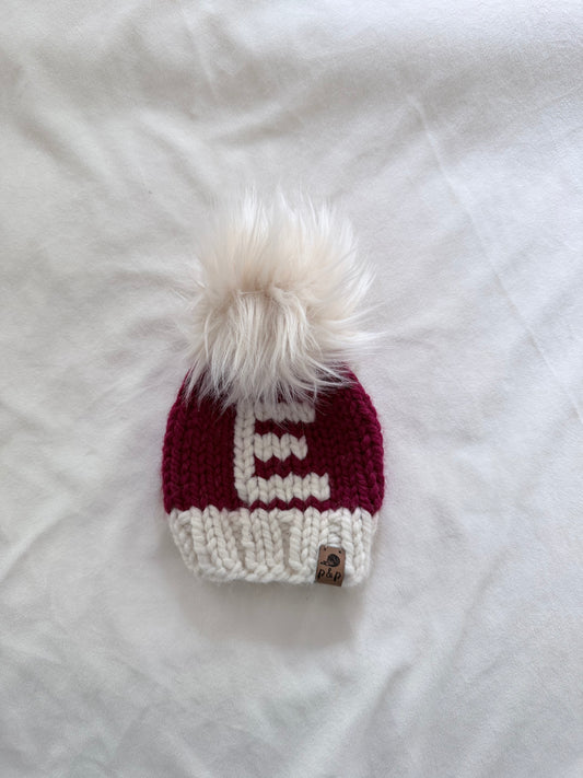 Ready-to-Ship Newborn Santa Initial E Knit Hat | Cranberry + Cream