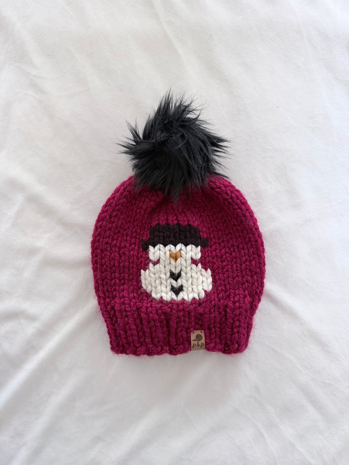 Ready-to-Ship Child Snowman Knit Hat | Cranberry