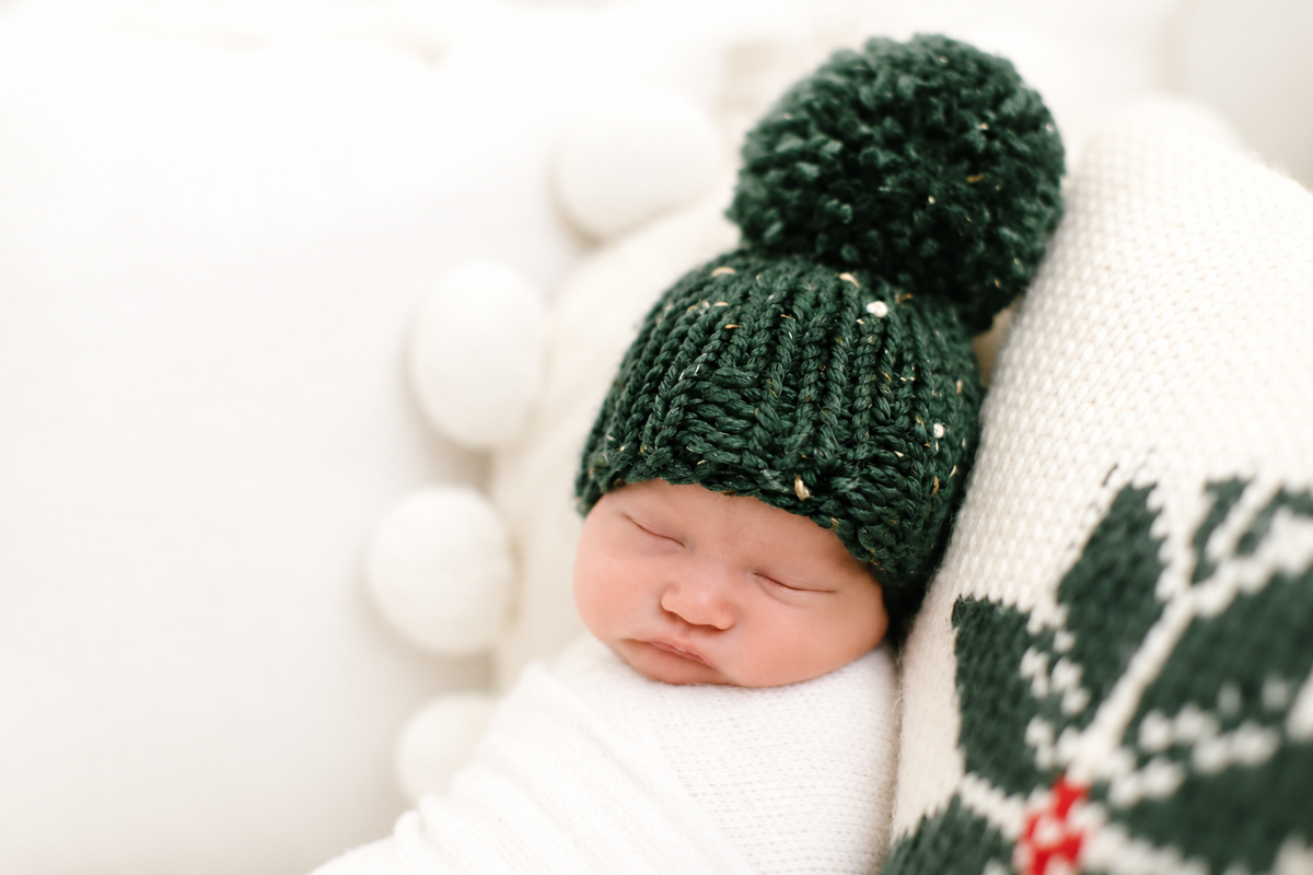 Hand Knit Pom Pom Beanie – Classic Christmas Green | Pine & Poppy