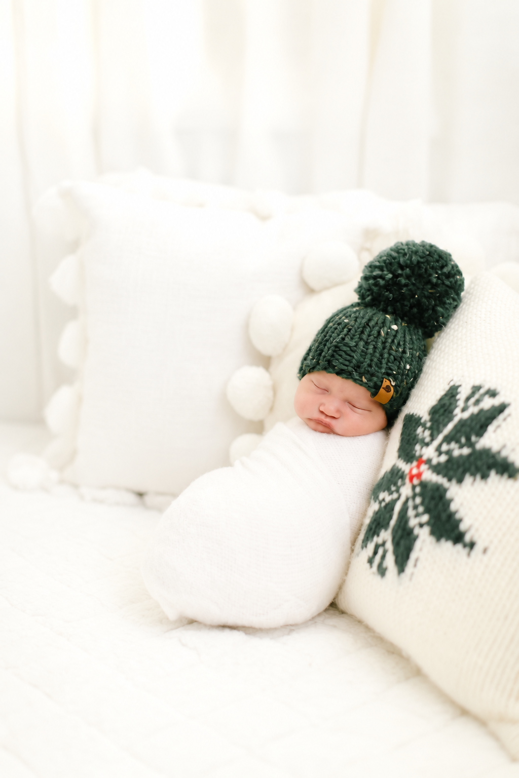 Hand Knit Pom Pom Beanie – Classic Christmas Green | Pine & Poppy