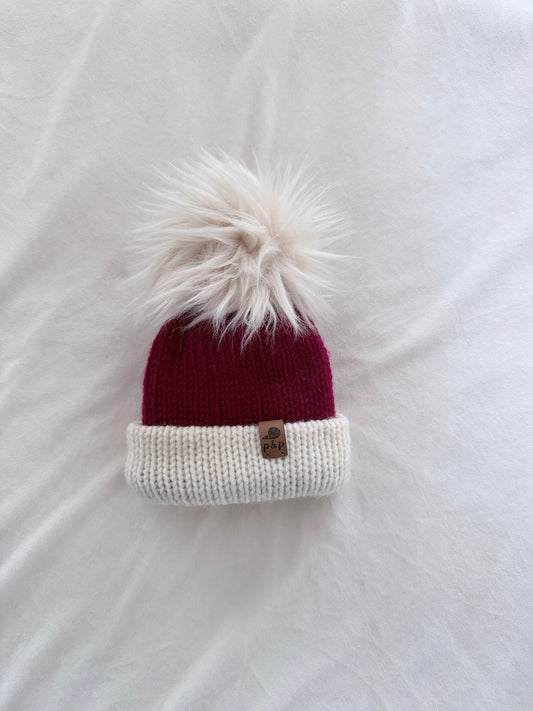 Ready-to-Ship Baby 0-6 months Alpine Santa Beanie | Cranberry + Cream