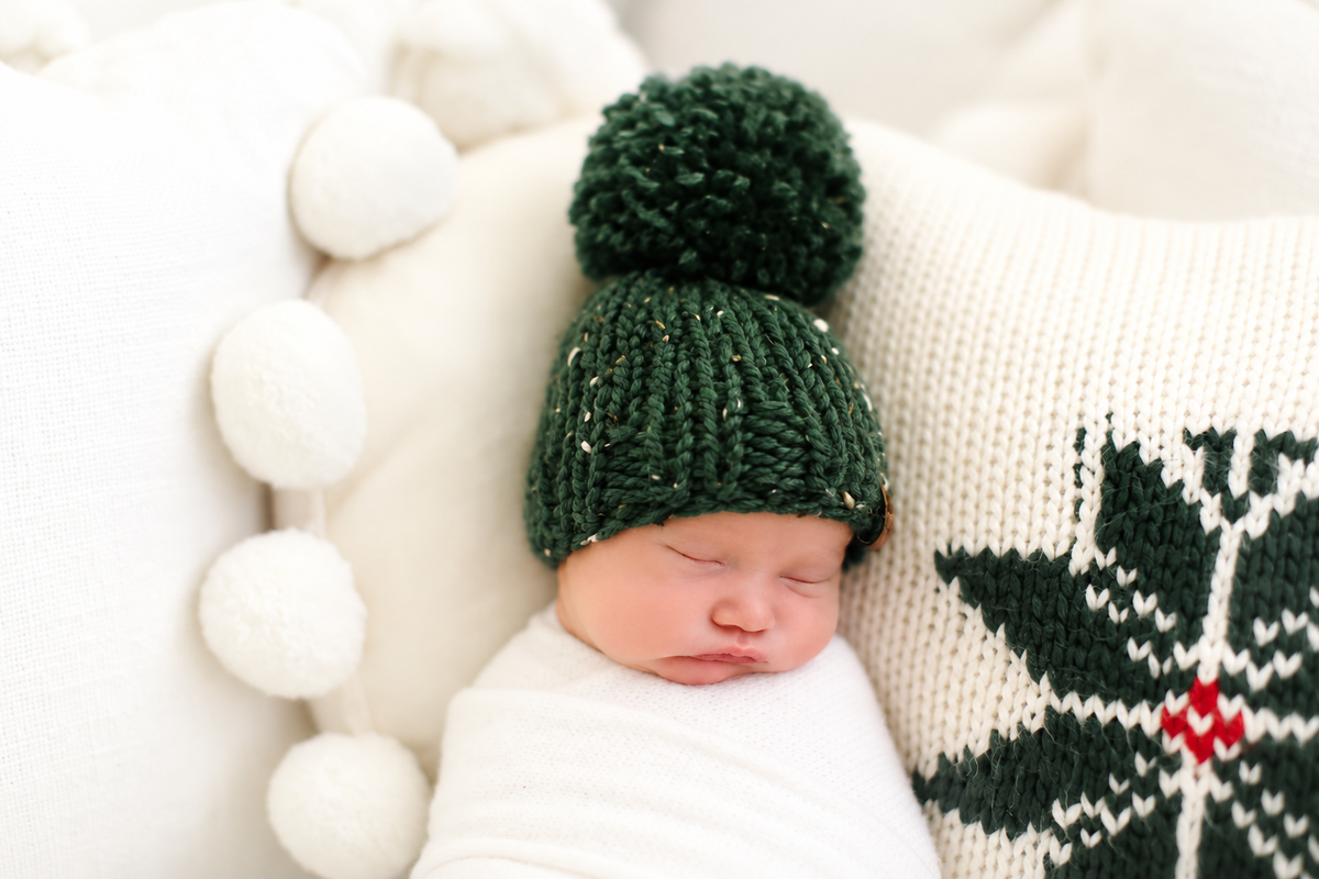 Hand Knit Pom Pom Beanie – Classic Christmas Green | Pine & Poppy
