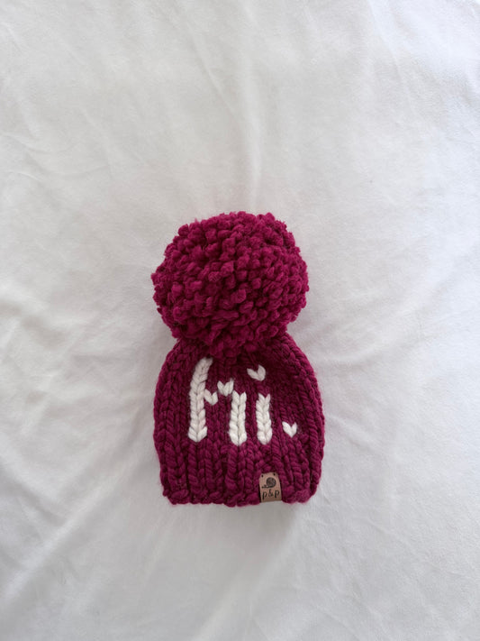 Ready-to-Ship Newborn “Hi” Knit Hat | Cranberry + Cream