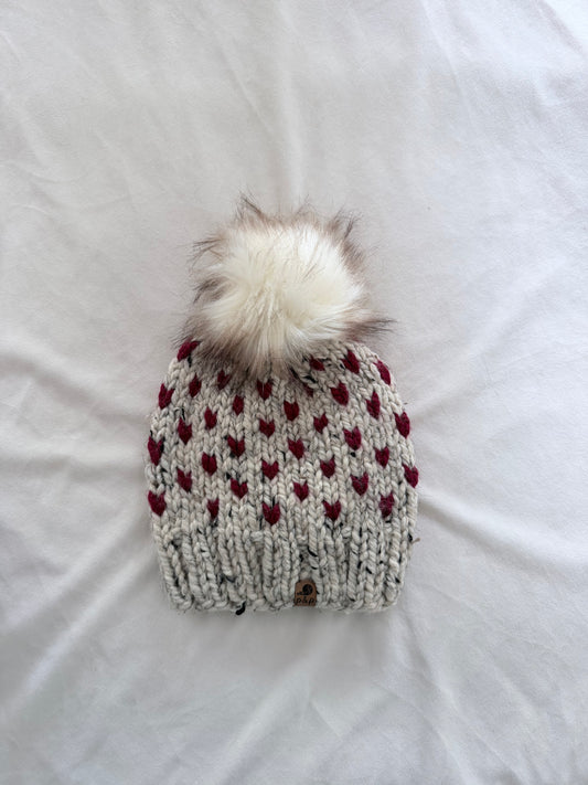 Ready-to-Ship Adult Mini Heart Knit Hat | Oatmeal + Cranberry