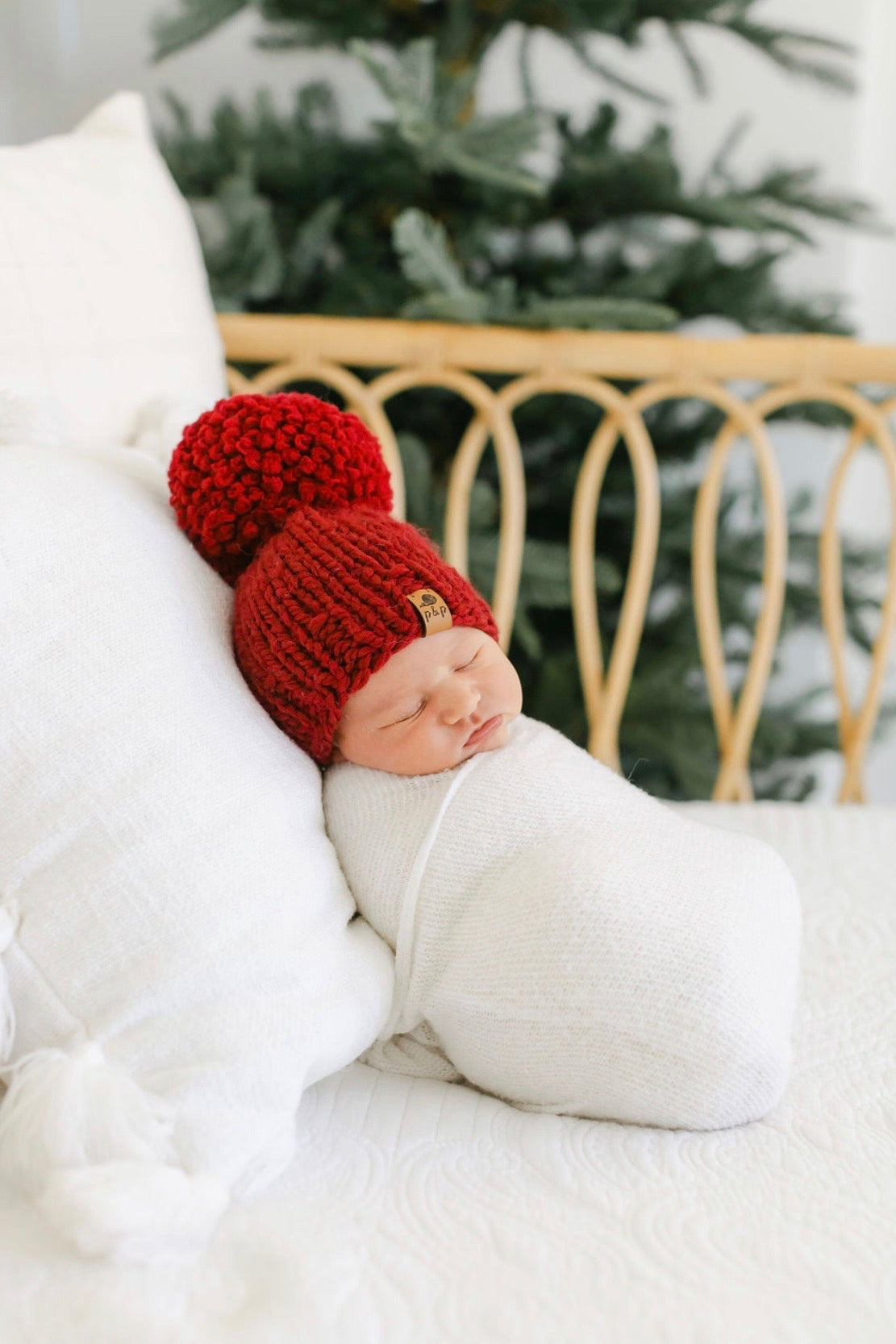 Hand Knit Pom Pom Beanie – Classic Christmas Red | Pine & Poppy