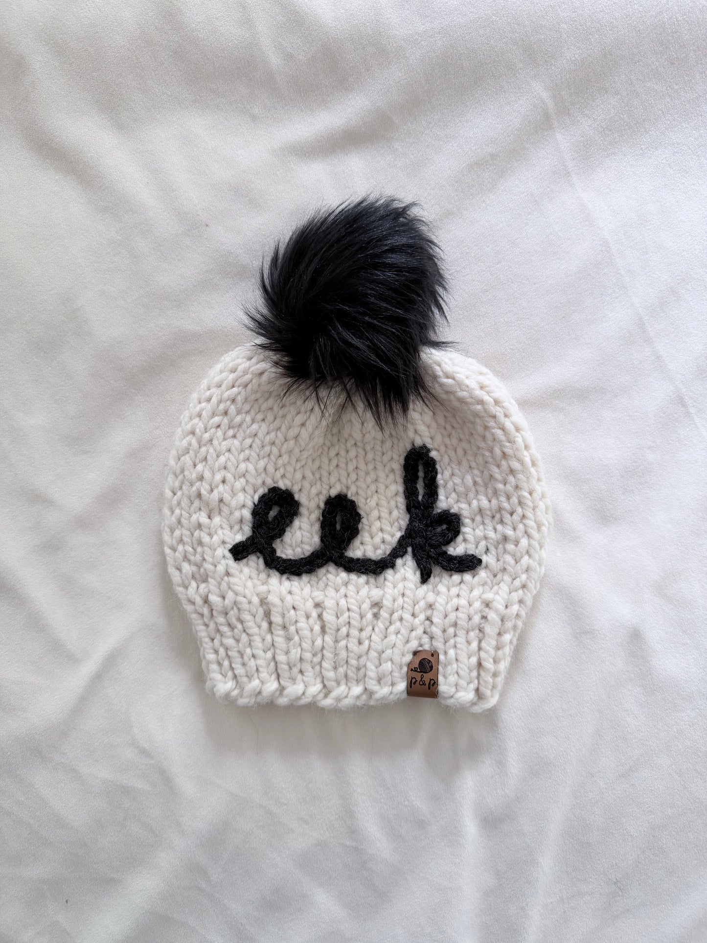 Ready-to-Ship Child Embroidered EEK Knit Hat | Cream + Black